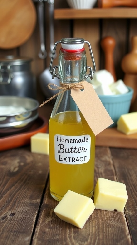 A glass bottle of homemade butter extract with butter pats on a wooden table.